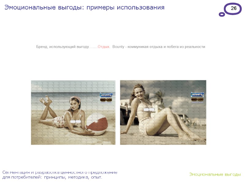 26 Эмоциональные выгоды: примеры использования Сегментация и разработка ценностного предложение для потребителей: принципы, методика,